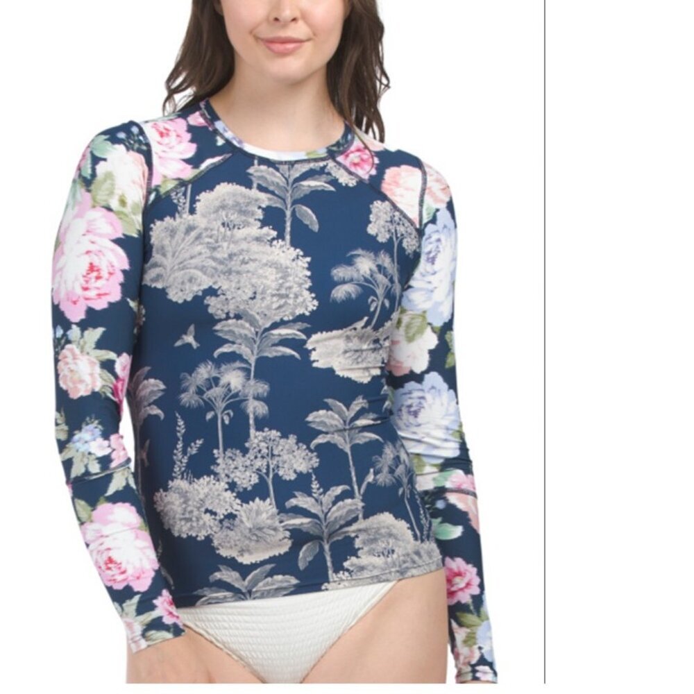 NWT Maaji Wome's Long Sleeves Rasguard T Shirt Floral Navy/Pink M